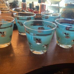 Mid Century Modern Turquoise Glass Tumbler Set of 5.   22k trim Beautiful